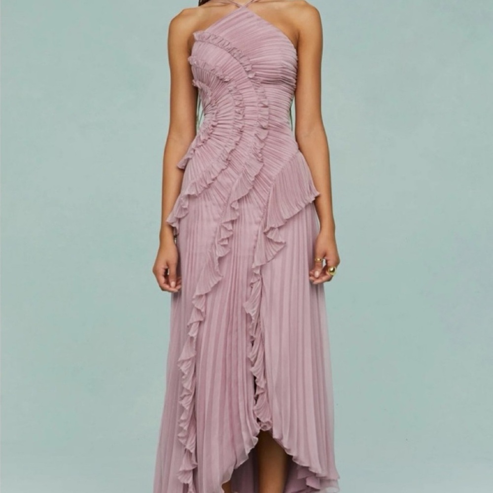 One-Shoulder Asymmetrical Ruffle Maxi Dress in Dusty Rose